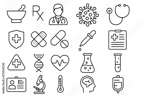 Medical and healthcare line icon set. Medicine, doctor, virus, and lab symbols. Vector collection for pharmacy, hospital, science, and infographics. Health, care, research elements.