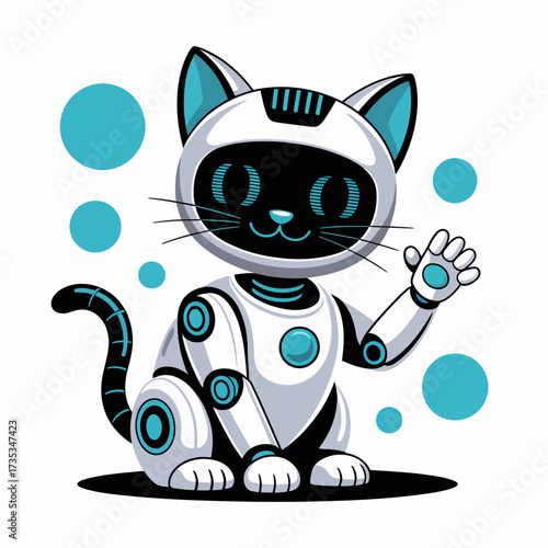 cyber cat mascot, glossy panels, waving paw gesture, teal dots background, friendly smart pet robot, playful modern vector