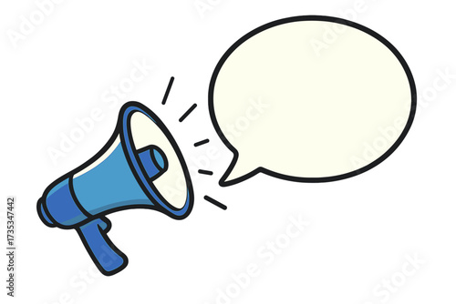 Megaphone with grand opening speech bubble. Loudspeaker. Banner for business, marketing, advertising. Vector illustration. Important announcement. Promotion communication concept.