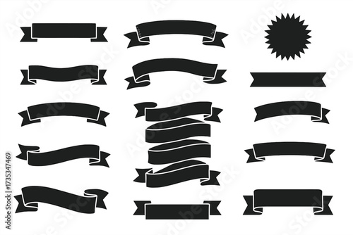 Big set of black ribbon banners and labels. Collection of vintage & modern simple ribbon shapes. Vector graphic elements, starburst for award seals, decorative frames, sale tags.