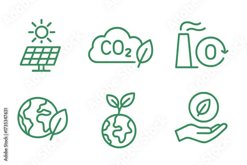 Net zero icon collection in line style. Green energy, CO2 neutral, climate, and ecology symbols. Vector illustration for sustainability, carbon footprint, and renewable concepts.