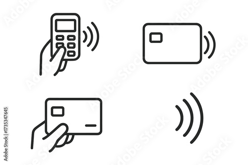 NFC icon set in line style. Wireless payment, contactless card pay technology collection. Vector concept of POS terminal, transaction, finance, mobile banking, tap to pay sign.