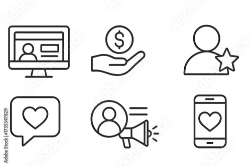 Social media marketing and influencer icon collection. Vector line icons for personal brand, blogging, content monetization, promotion, likes, and follower engagement.