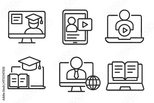 Online training and e-learning line icon set. Education, seminar, online test, and webinar icons. Distance learning, course, and digital graduation vector collection.
