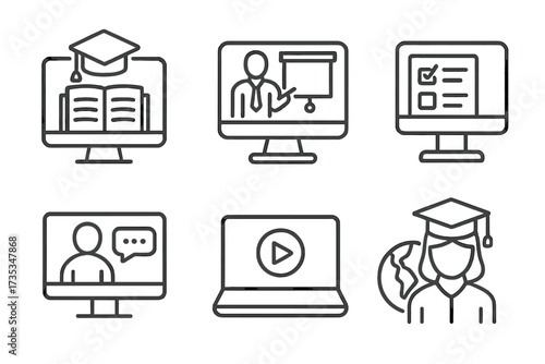 Online training and e-learning line icon set. Education, virtual seminar, online test, webinar, video course, distance learning collection. Graduation vector pictogram symbol.