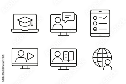 Online training and education web icon set. E-learning, webinar, seminar, online test, course and distance learning concepts. Thin line vector pictograms for web and mobile.
