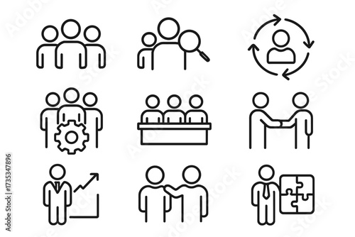 Business people line icon set. Vector concepts of teamwork, human resources, collaboration, research, meeting, partnership, career growth, support, management, and strategy.