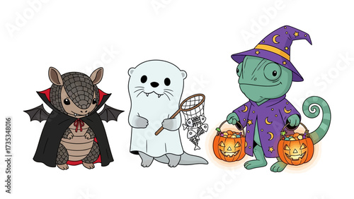 Creatures' Halloween Fun: Three adorable cartoon creature friends are dressed up in vibrant costumes for a festive Halloween celebration, carrying pumpkins and a net. 