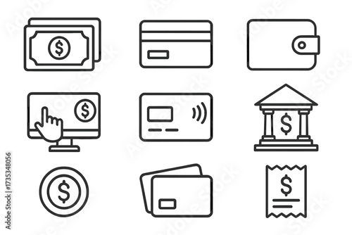 Payment methods line icon set. Money, finance, and banking symbols. Pay online, credit card, wallet, and bank icons. Financial transaction and e-commerce vector collection.