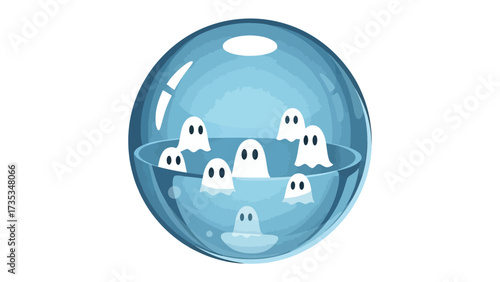 Ghostly Gathering in Crystal Globe: Adorable cartoon ghosts trapped within a shimmering crystal globe, offering a playful and mysterious visual, reminiscent of Halloween spirit.