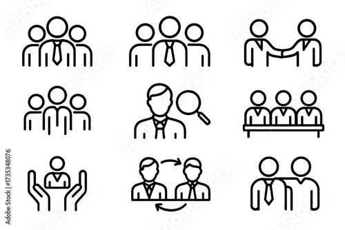 Business people line icon set. Team, human resources, collaboration, recruitment, research, meeting, partnership, support, businessman. Corporate management vector symbols.