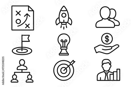 Business strategy line icon set for startup and growth. Vector icons for teamwork, planning, payment, management, target, employee, idea, finance, goal, and infographic.
