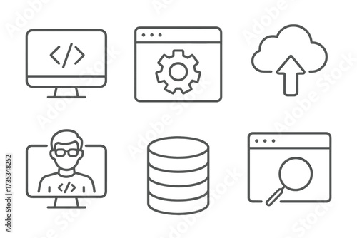 Programming and coding web icons in line style. Software development, cloud computing, database, programmer, code, data search. Vector illustration for app and web design.