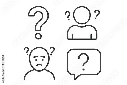 Question mark icon set in thin line style. FAQ and support center symbols. Confused person, insecure thinking, and query bubble. Help and problem solving vector collection.