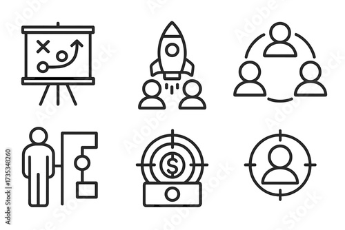 Business strategy line icon set for web and infographics. Vector collection includes concepts like startup launch, teamwork, planning, management, financial goal, and customer targeting.