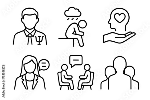 Psychology line icon set. Mental health care, depression, and therapy session concepts. Psychologist, psychiatrist, group therapy, and emotional support symbols. Vector illustration.