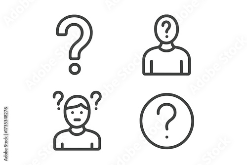 Question mark icon set in thin line style. Concept of confused person, unknown user, anonymous identity. Help, support, FAQ and quiz web symbols. Vector pictograms for UI, UX.