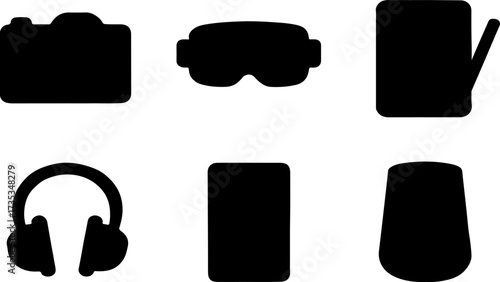 Collection of black icons: camera, VR goggles, tablet, headphones, and speaker