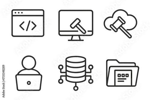 Programming and coding web icons set. Line style symbols for software development, legal tech, cloud computing, programmer, data collection, database and file management vector.