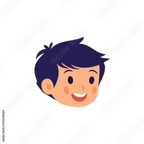 Cartoon illustration of a smiling boy's head with dark hair and rosy cheeks on a white background.