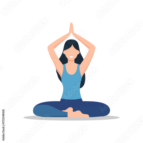 Woman in lotus position practicing yoga with hands raised above her head, meditating in a calm and peaceful state.