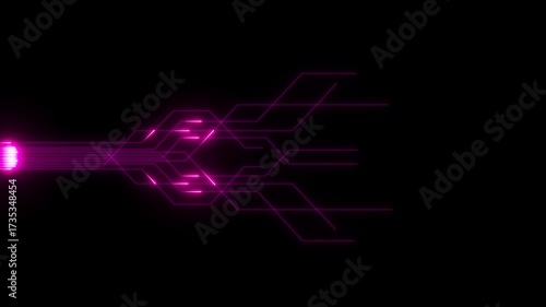Glowing straight neon laser line animation moving horizontally from right to left on a black screen with futuristic light streak effects.4k Animation video.