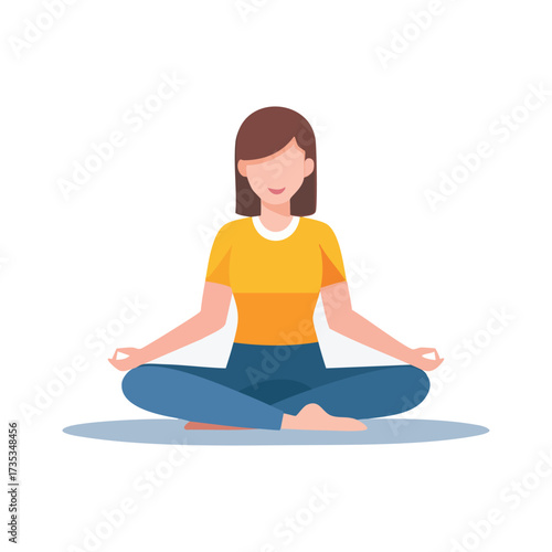 Woman sitting in lotus position meditating, with hands in Gyan Mudra, wearing a yellow shirt and blue pants.
