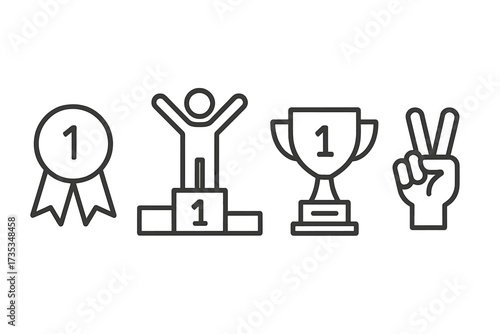 Ranking web icons in line style. Award, winner, first place, victory collection. Champion on podium, trophy cup, and medal. Success and achievement vector illustration set.