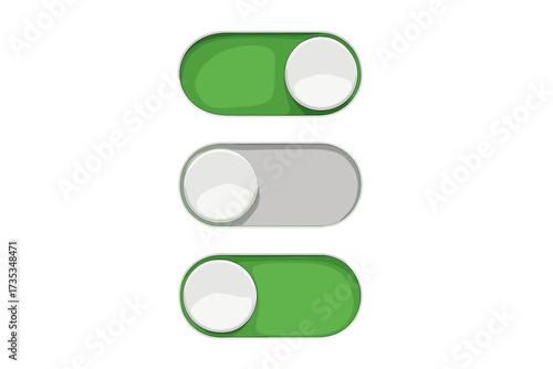 Realistic vector toggle switch buttons. UI, UX web and app design element. On and Off sliders for control panels. Enable and disable status icon set. 3D GUI components.