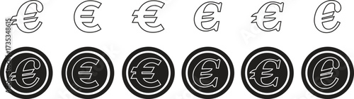 Euro currency symbols black outline icons set. Money finance payment coins vectors illustration. Wealth and banking cash economy euro signs graphic for currency exchange business designs.