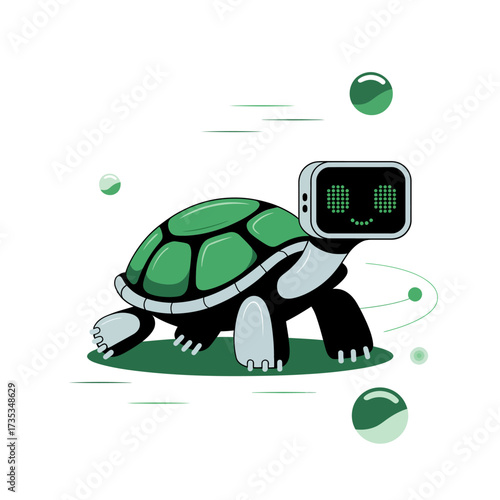 speedy robot turtle, motion lines, dotted accents, numeric display eyes, adorable mechanical creature, sci fi mascot vector