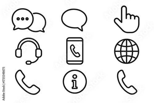 Communication line icon set. Contact us and customer support symbols collection. Vector icons for web and mobile interface. Includes chat, phone call, headset, and info.