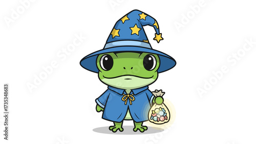Enchanting Frog Wizard: A whimsical illustration features a charming frog wizard, adorned in a classic blue wizard's hat with star motifs and a matching cloak, holding a bag of colorful gems.
