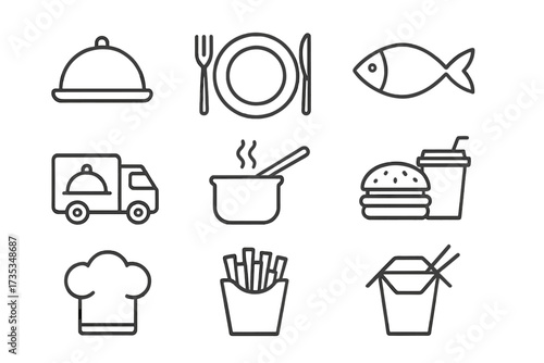 Restaurant web icons in line style. Food, meal, fish, delivery, cooking, fast food collection. Vector illustration of dinner plate, chef hat, burger, fries, takeout box.