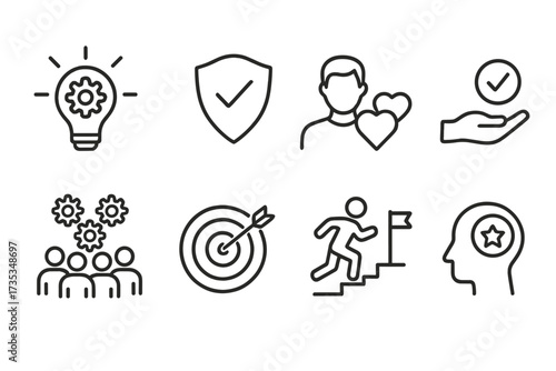 Core values line icon set. Business ethics and company culture symbols. Innovation, integrity, customer satisfaction, accountability, teamwork, goals, and motivation icons.
