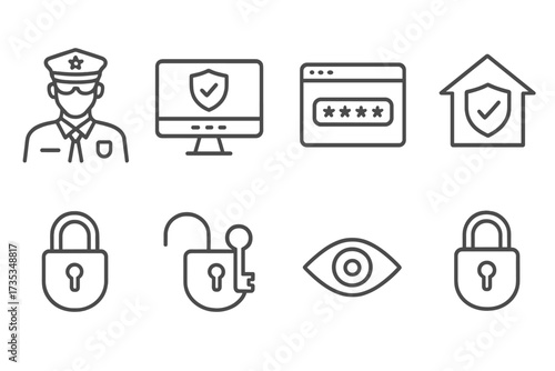 Security web icons line style collection. Includes guard, cyber security, password, smart home safety, and data protection. Vector pictograms for lock, unlock, key, shield, eye access.