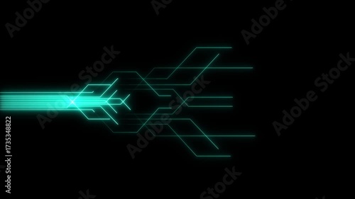 Glowing straight neon laser line animation moving horizontally from right to left on a black screen with futuristic light streak effects.4k Animation video.