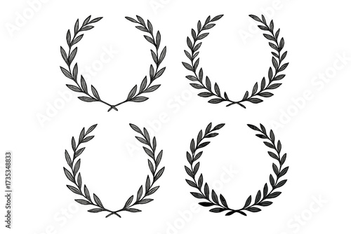 Set of hand-drawn vintage laurel wreaths. Black circular foliate branches collection. Vector decorative elements for award, victory, and honor emblem. Classic leaf ornaments.