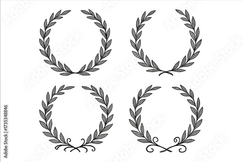 Set of black circular foliate laurel branches. Vintage laurel wreaths collection. Hand drawn vector leaves decorative elements for award, victory, winner, emblem, and logo design.
