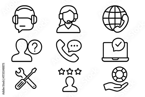 Customer service and support web icon set in thin line style. Vector collection includes help, online assistance, call center, feedback, and technical repair symbols.
