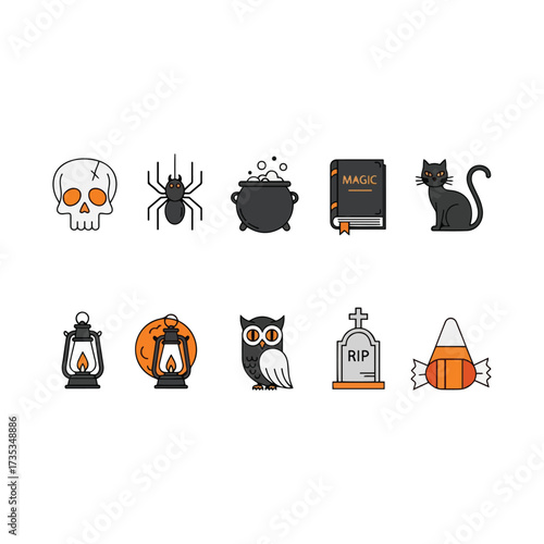Collection of Halloween-themed icons, including skull, spider, cauldron, book, cat, lantern, and more.