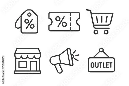 Discount web icons line style. Sale, coupon, shopping, shop, mega sale, outlet collection. Vector illustration. E-commerce pictogram. Promotion, marketing, retail symbols.