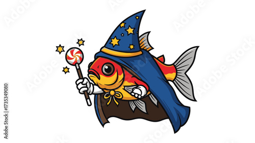 Whimsical Wizard Fish: A fanciful illustration depicts a goldfish as a wizard, complete with a pointy hat and flowing robe, conjuring magic with a wand.