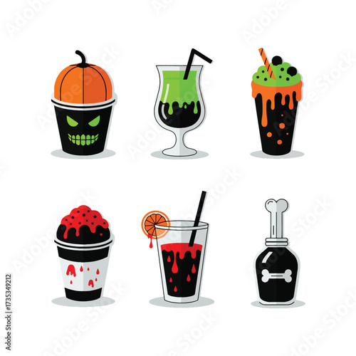 A collection of six cartoonish Halloween-themed drinks and containers, featuring spooky designs like pumpkins, slime, blood, and bones.