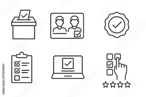 Voting and election line icon set. Vote box, ballot, online poll, candidate choice, survey form, checklist. Politics concept. Approved check mark, rating star, customer feedback.