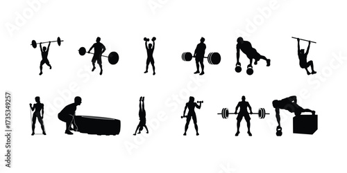 Set of gym fitness icons in silhouette style, showcasing workout poses, exercise gear, and healthy lifestyle visuals perfect for sports infographics and training applications