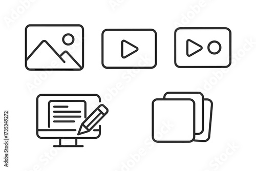 Web content creation line icons set. Vector illustration of photo gallery, video play button, media player, blogging, document files. Thin outline symbols for UI UX design.