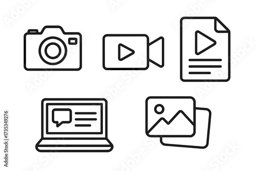 Digital content creation linear icons set. Photo camera, video recorder, blog article on laptop, media file and image gallery symbols. Web & multimedia pictogram collection.