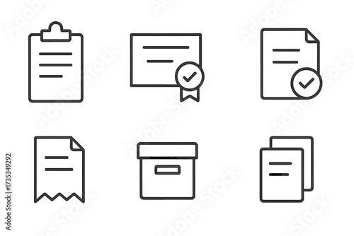 Document management and file workflow line icon set. Vector collection of outline symbols like clipboard, approved certificate, accepted paper, invoice, and archive box.