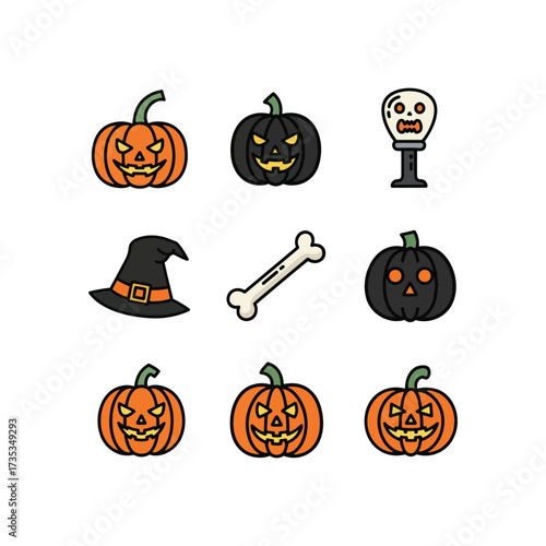 Collection of Halloween-themed icons featuring pumpkins, a witch hat, a bone, and a skull.
